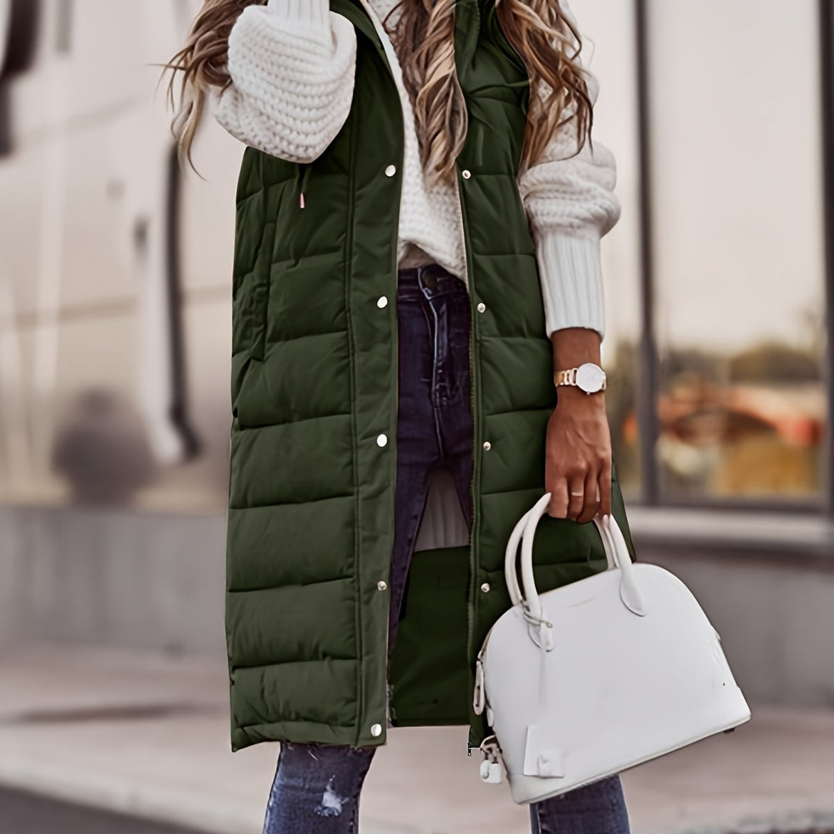 Chloe | Women's Long Hooded Puffer Vest – Quilted, Snap Front, Knee Length