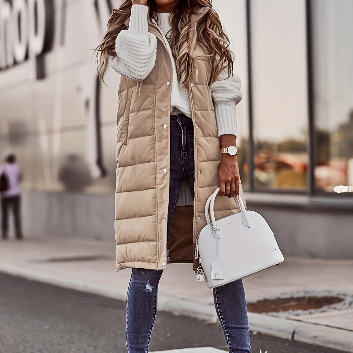 Chloe | Women's Long Hooded Puffer Vest – Quilted, Snap Front, Knee Length