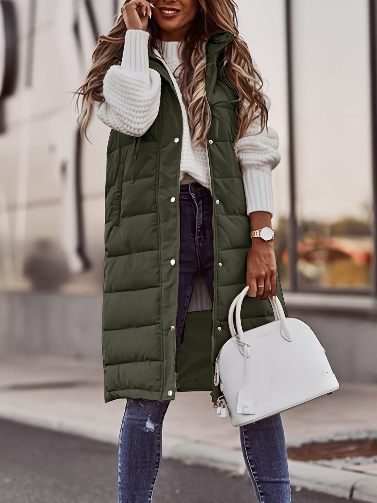 Chloe | Women's Long Hooded Puffer Vest – Quilted, Snap Front, Knee Length – Olive Green
