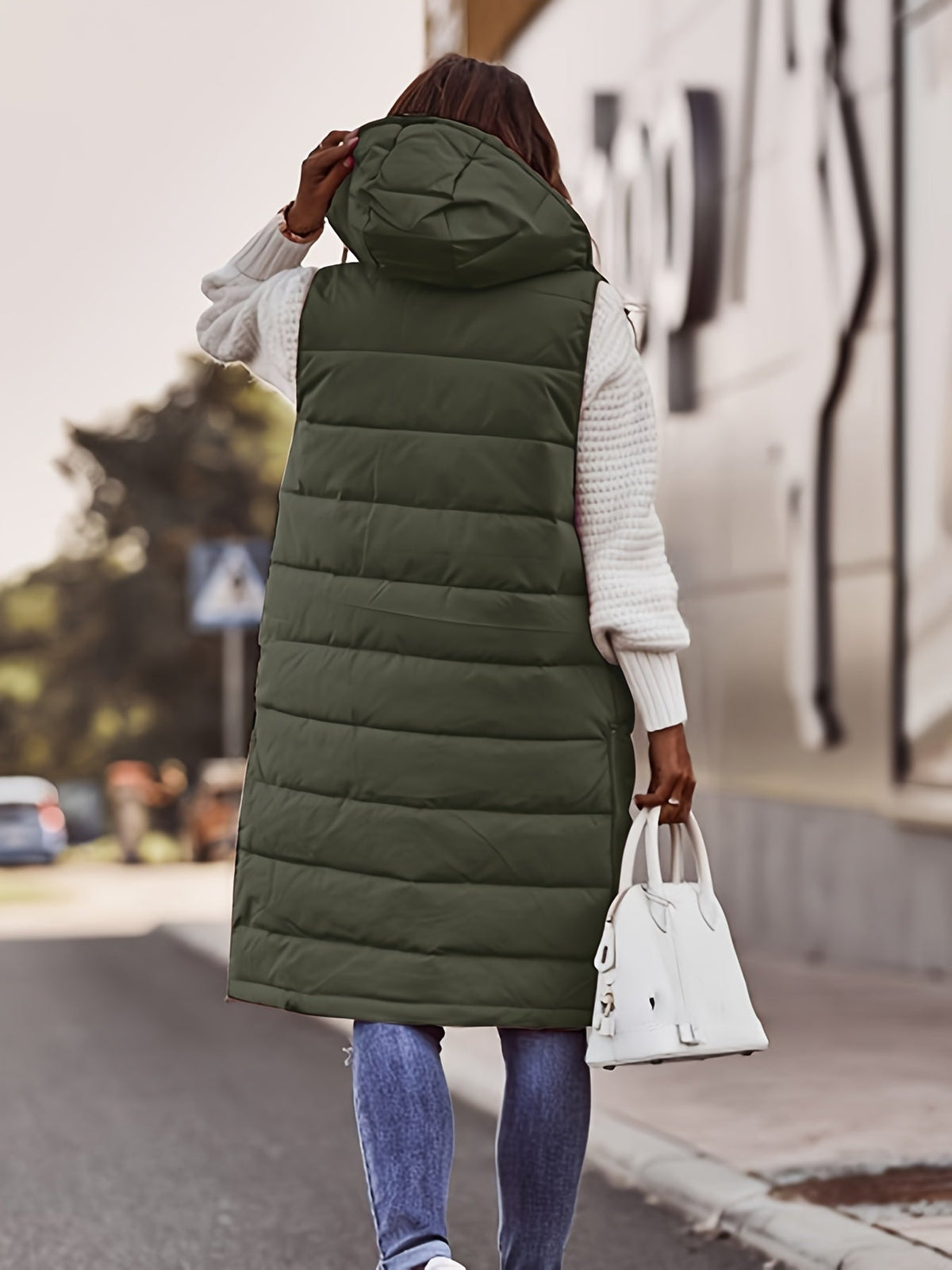 Chloe | Women's Long Hooded Puffer Vest – Quilted, Snap Front, Knee Length
