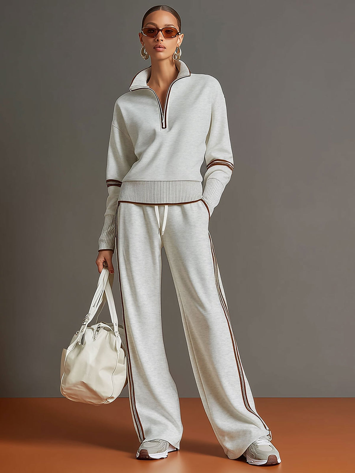 Claire – Women's Knit Half-Zip Sweater and Wide-Leg Pants Set – Contrast Trim