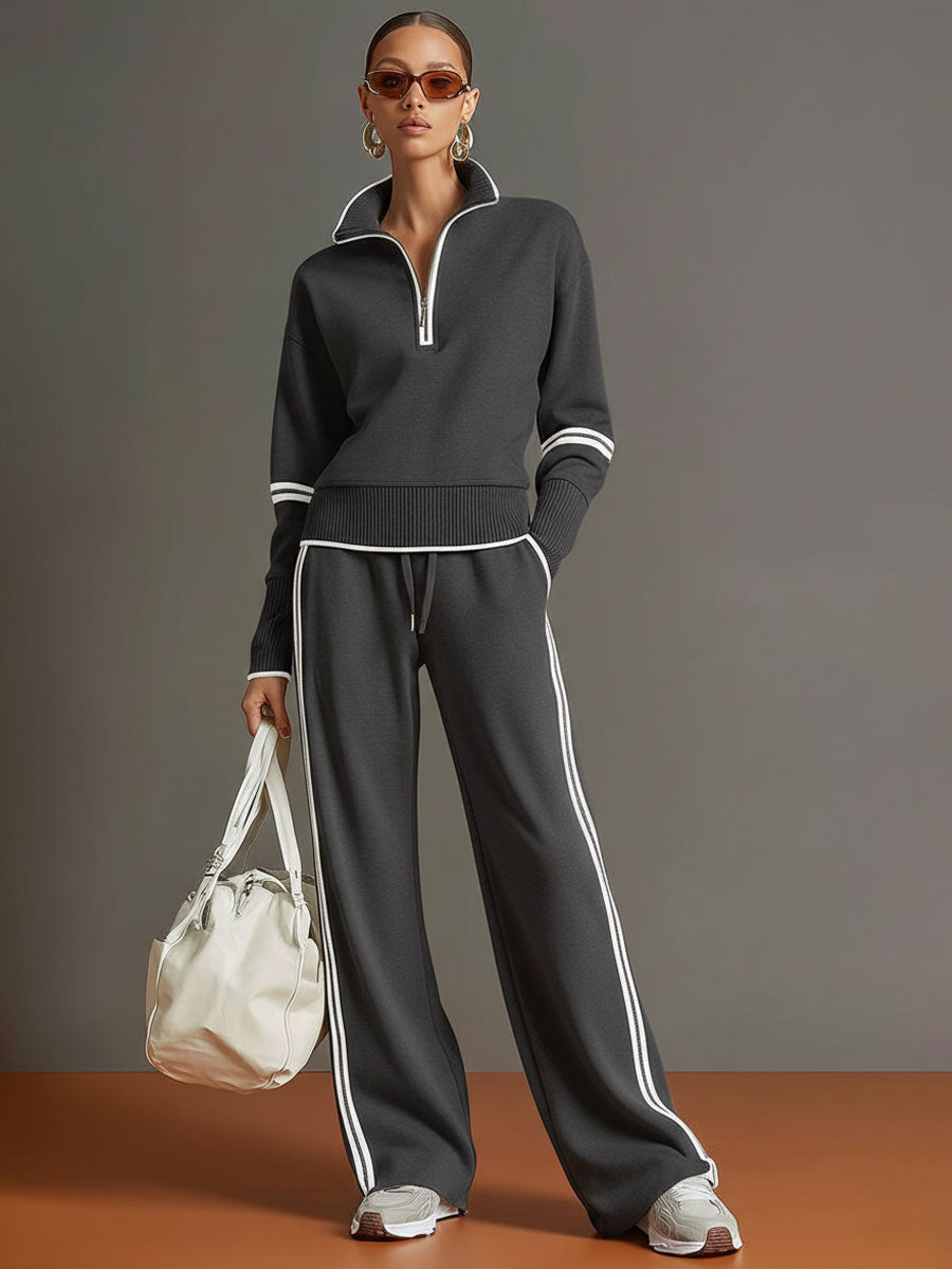 Claire – Women's Knit Half-Zip Sweater and Wide-Leg Pants Set – Contrast Trim