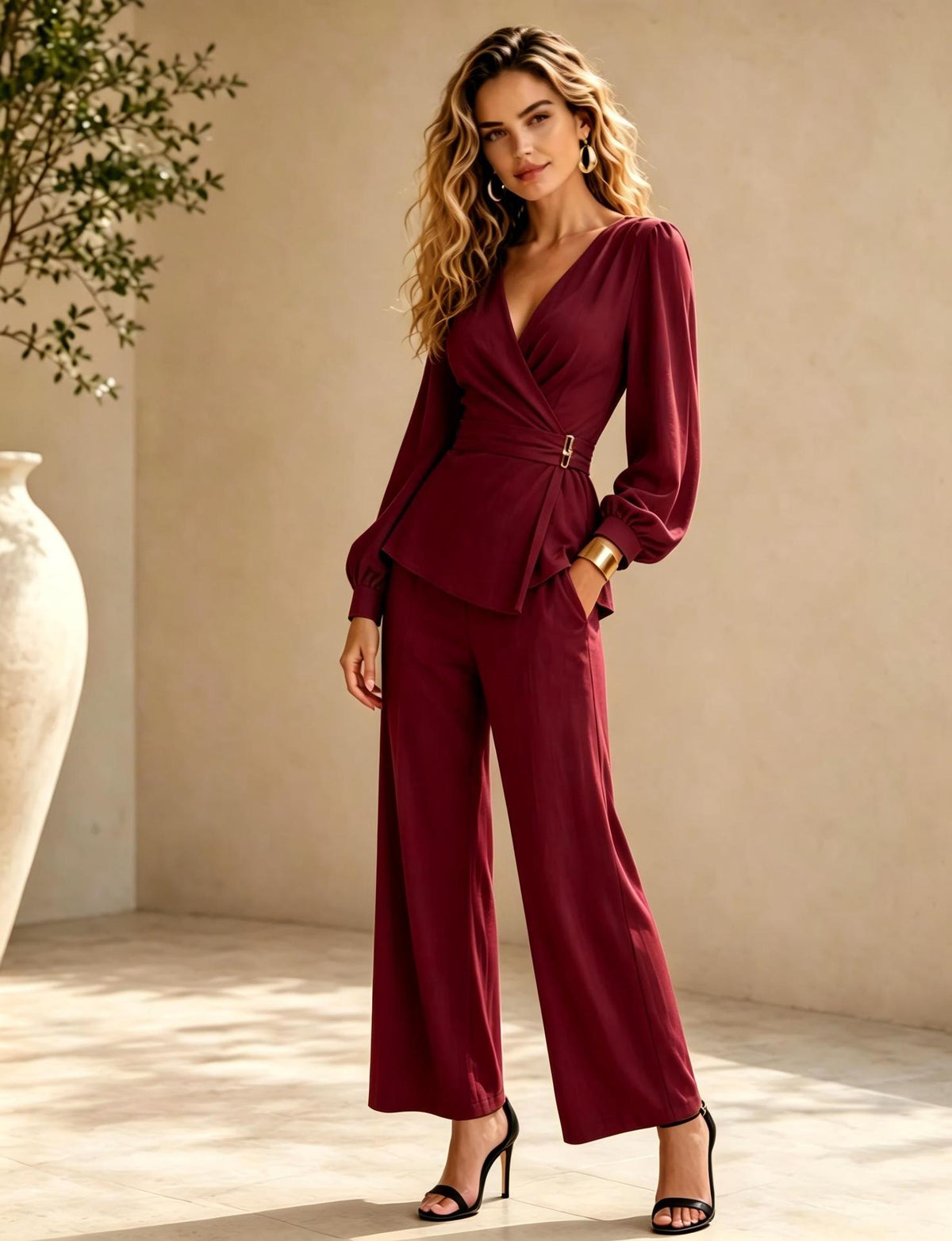 Clementine – Women's Wrap Jumpsuit – Long Sleeve, Buckle Waist and Wide Legs