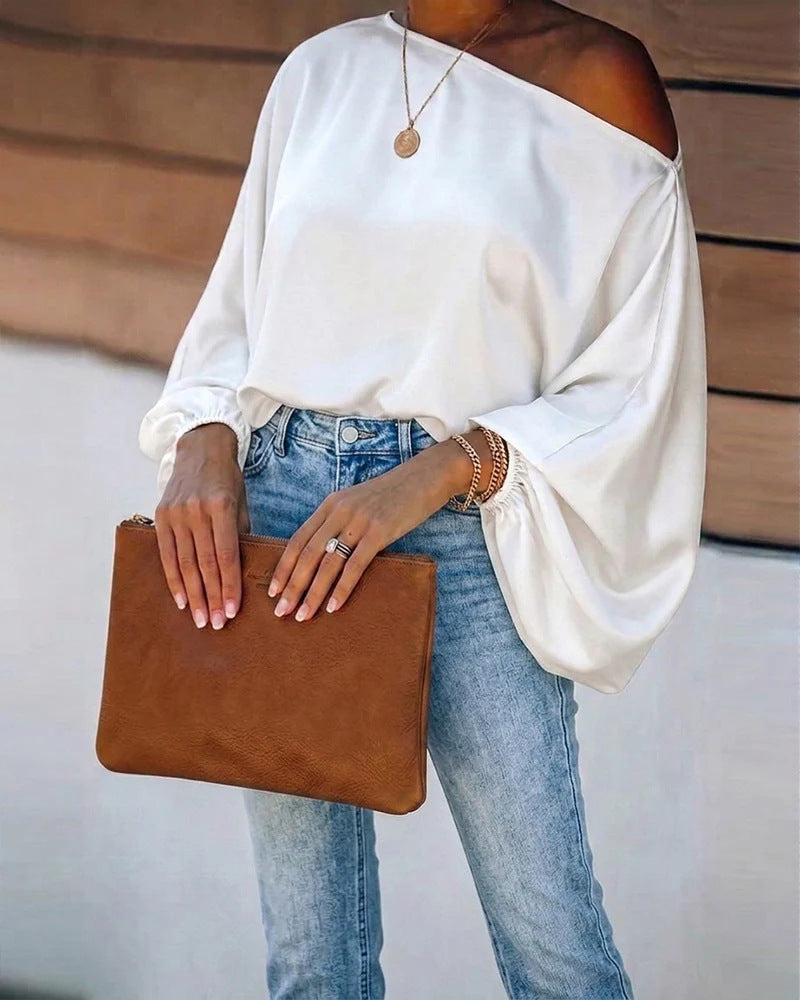 Colette – Women's Satin-Finish Asymmetric Blouse – Batwing Sleeves, One-Shoulder Drape