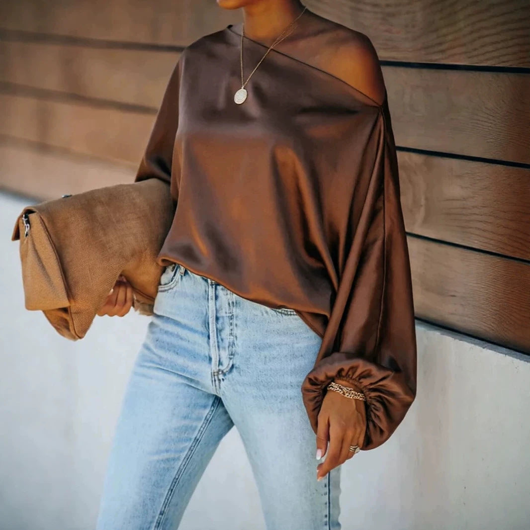 Colette – Women's Satin-Finish Asymmetric Blouse – Batwing Sleeves, One-Shoulder Drape