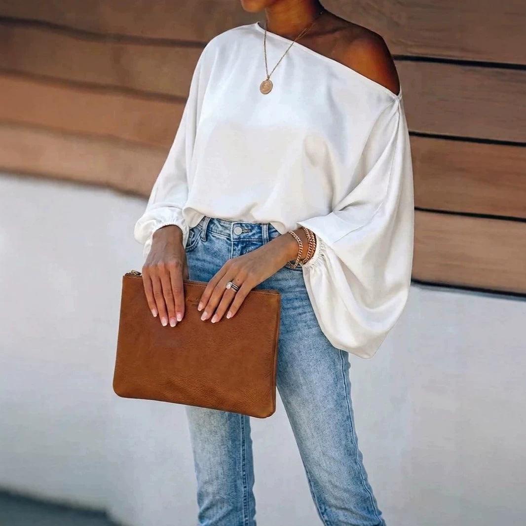 Colette – Women's Satin-Finish Asymmetric Blouse – Batwing Sleeves, One-Shoulder Drape