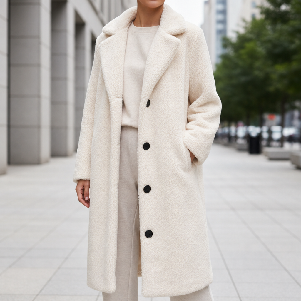 Cora – Women's Oversized Teddy Coat – Plush Faux Shearling with Notched Lapel