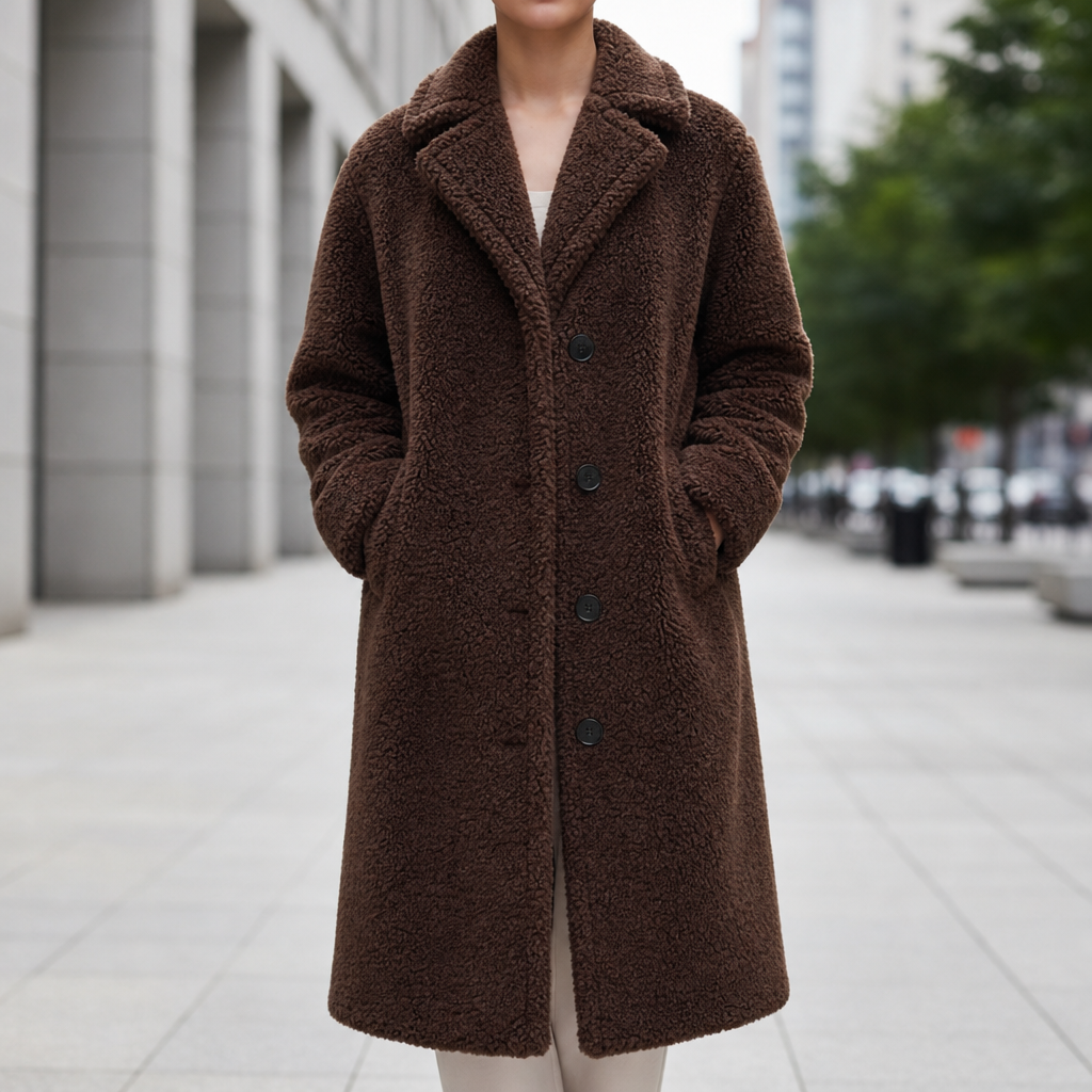 Cora – Women's Oversized Teddy Coat – Plush Faux Shearling with Notched Lapel