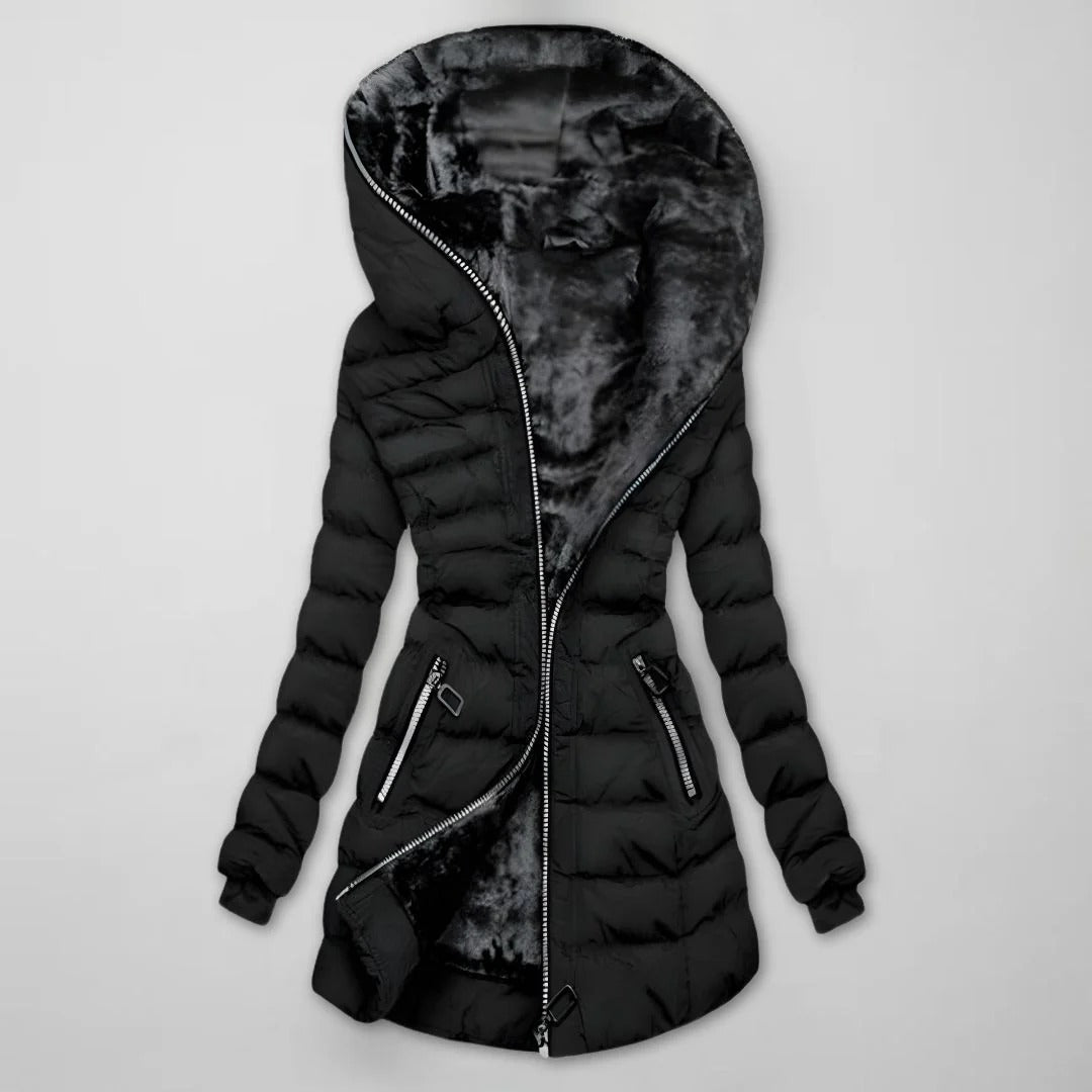Courtney | Women's Quilted Puffer Jacket – Plush-Lined Hood, Fitted Waist, Zip Pockets – Black