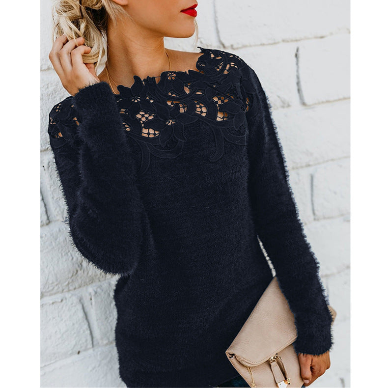 Dahlia | Women's Lace Collar Knit Sweater – Soft Long Sleeve Pullover for Fall & Winter – Black