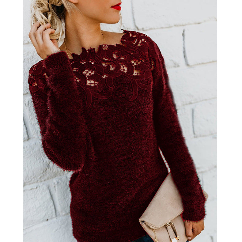 Dahlia | Women's Lace Collar Knit Sweater – Soft Long Sleeve Pullover for Fall & Winter – Wine Red