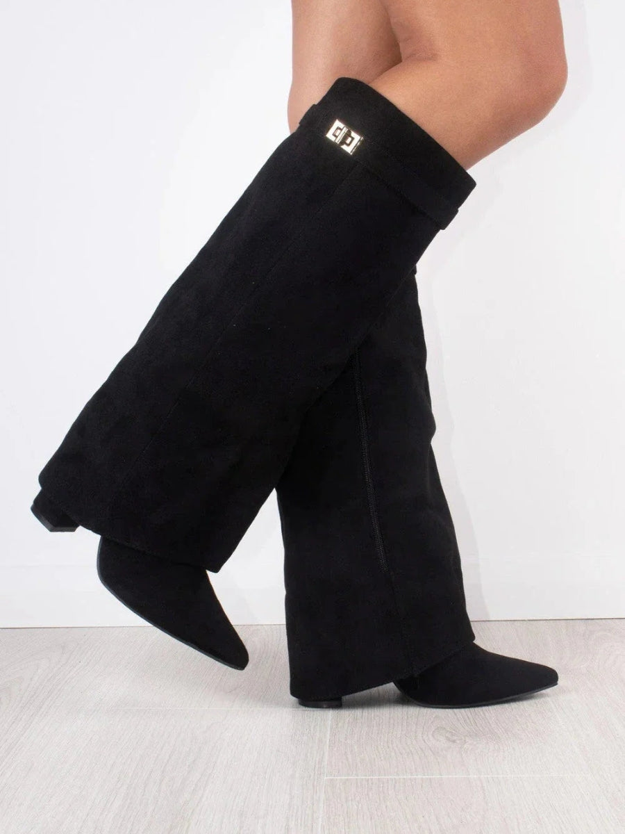 Daisy | Women's Knee High Block Heel Boots – Suede-Look Tall Boots with Gold Detail