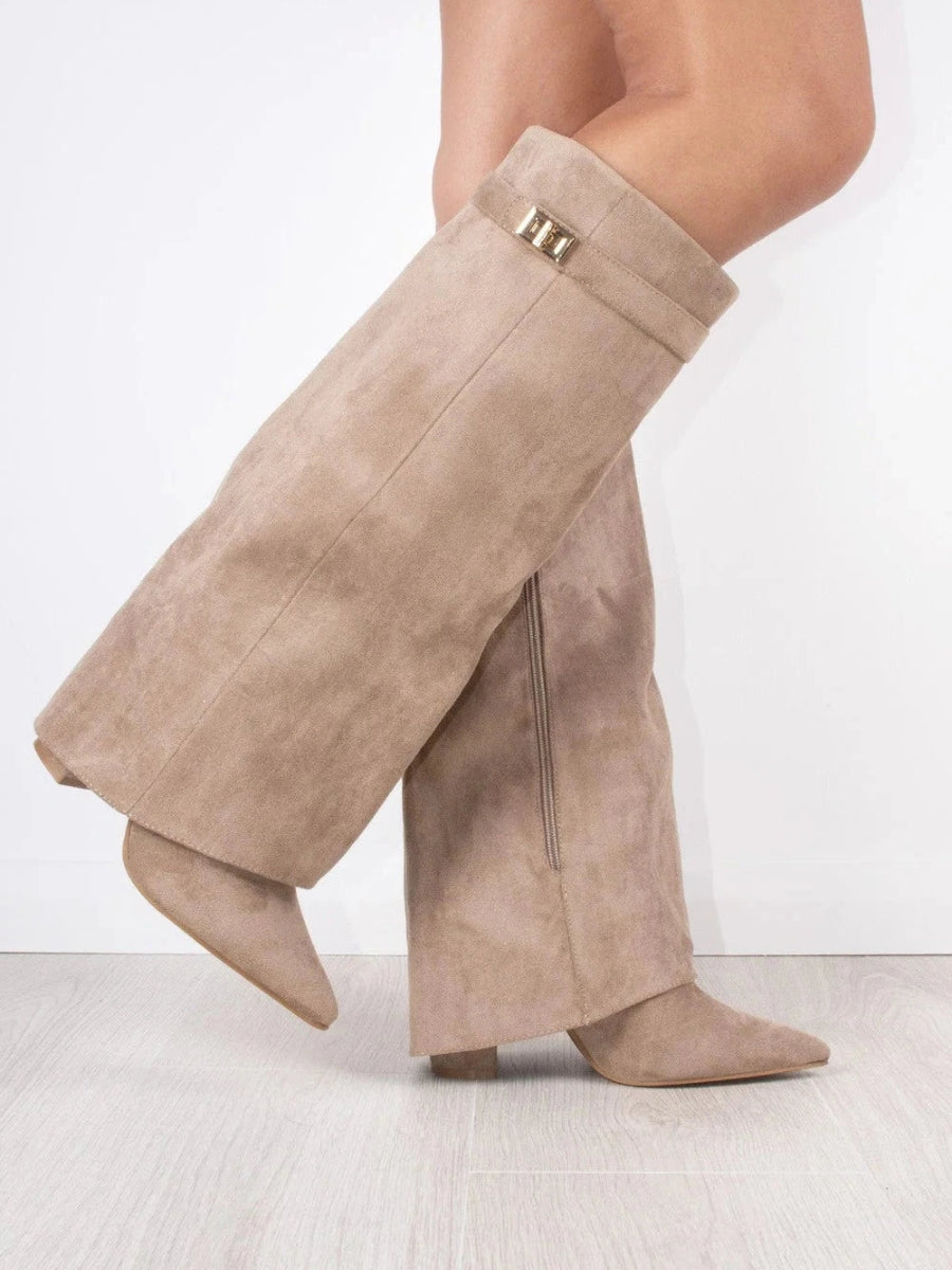 Daisy | Women's Knee High Block Heel Boots – Suede-Look Tall Boots with Gold Detail – Beige Suede-Look
