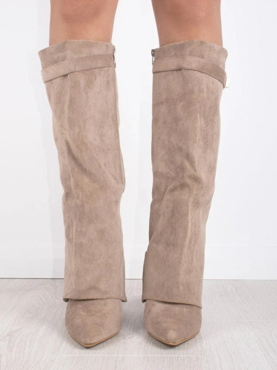 Daisy | Women's Knee High Block Heel Boots – Suede-Look Tall Boots with Gold Detail