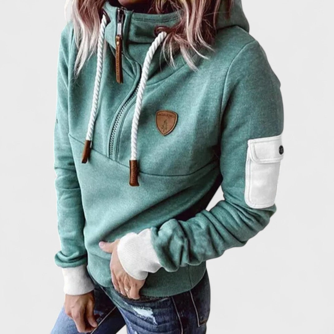 Dana | Women's Funnel Neck Hoodie – Drawstring High Collar Pullover Sweatshirt – Green