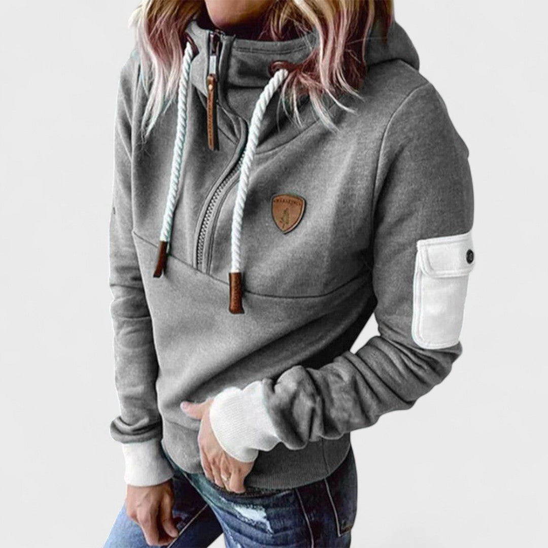 Dana | Women's Funnel Neck Hoodie – Drawstring High Collar Pullover Sweatshirt – Gray