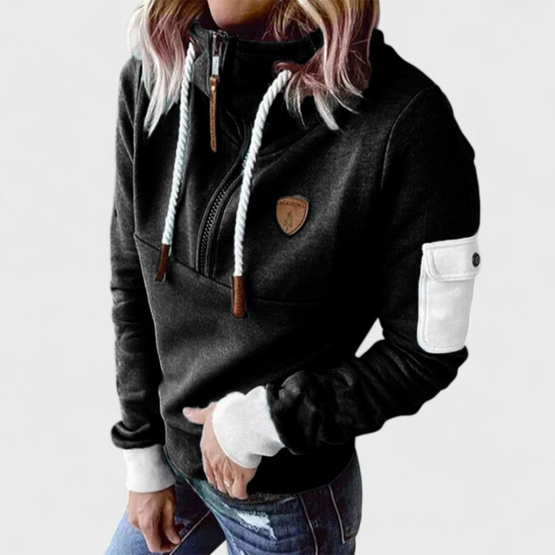 Dana | Women's Funnel Neck Hoodie – Drawstring High Collar Pullover Sweatshirt – Black
