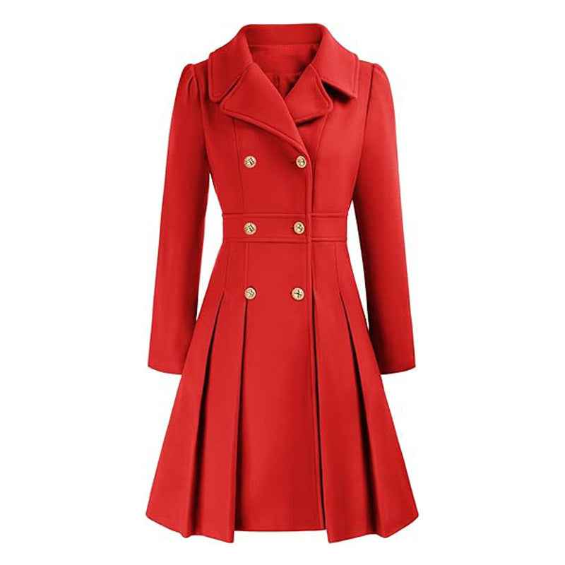Deborah | Women's Double-Breasted Fit-and-Flare Coat – Notched Lapels, Pleated Skirt – Red