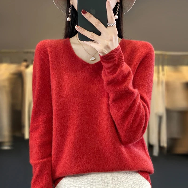 Elena | Women's V-Neck Wool-Feel Sweater – Lightweight Long Sleeve Knit Pullover – Red