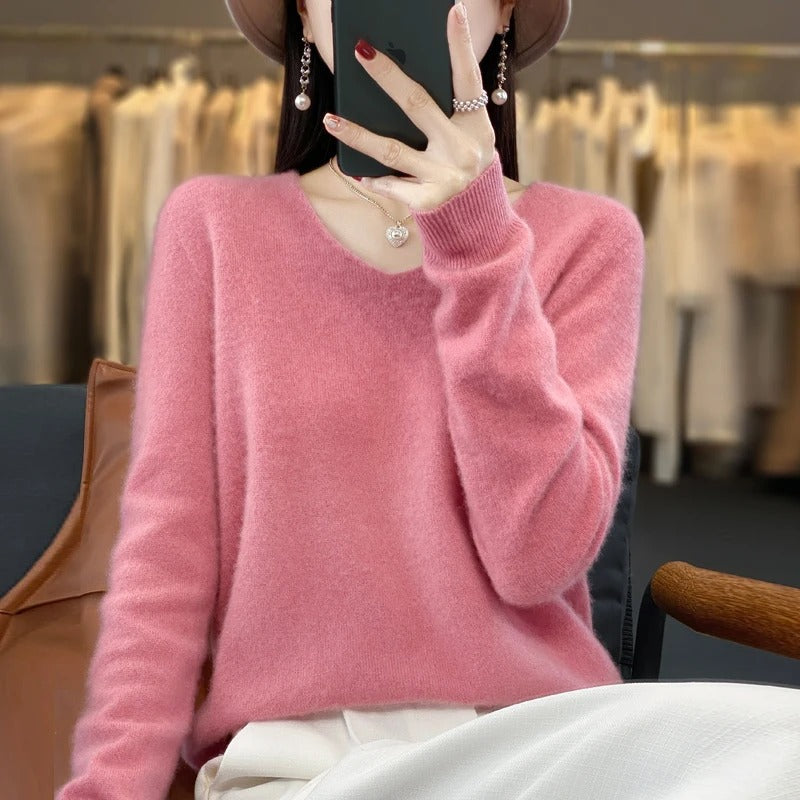 Elena | Women's V-Neck Wool-Feel Sweater – Lightweight Long Sleeve Knit Pullover – Pink