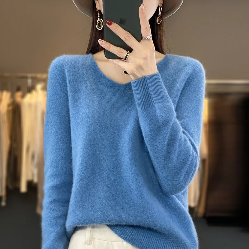 Elena | Women's V-Neck Wool-Feel Sweater – Lightweight Long Sleeve Knit Pullover – Light Blue