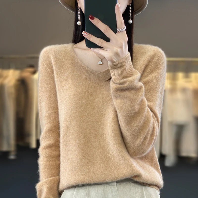 Elena | Women's V-Neck Wool-Feel Sweater – Lightweight Long Sleeve Knit Pullover – Khaki