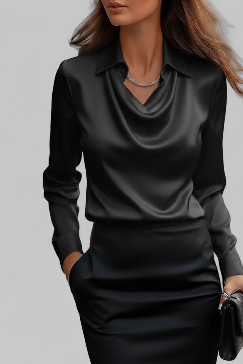 Elise – Women's Draped Long Sleeve Blouse – Fluid Fabric, Elegant Neckline – Black