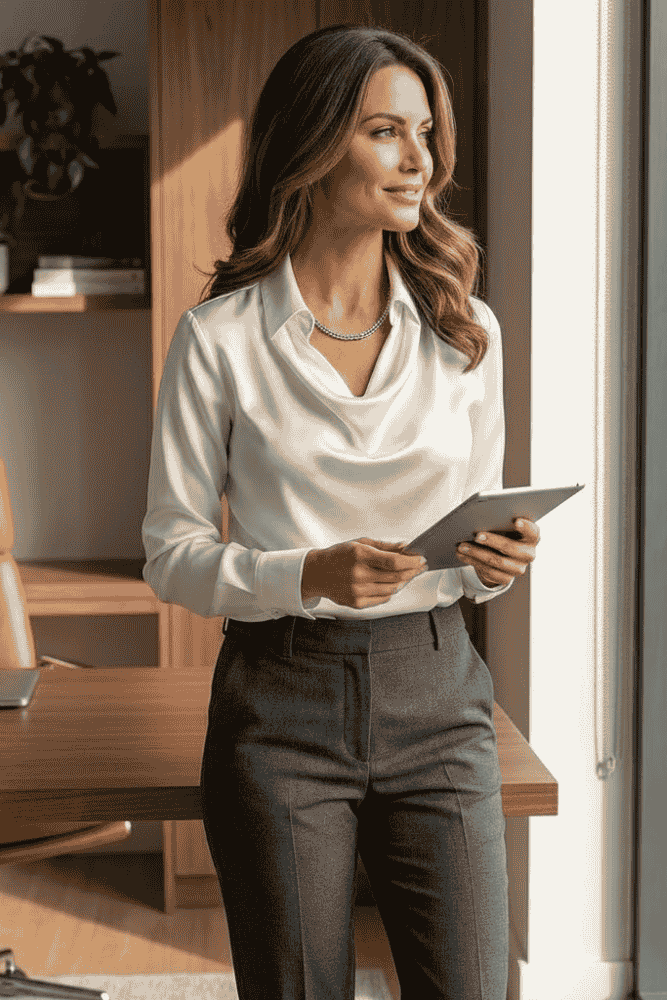 Elise – Women's Draped Long Sleeve Blouse – Fluid Fabric, Elegant Neckline