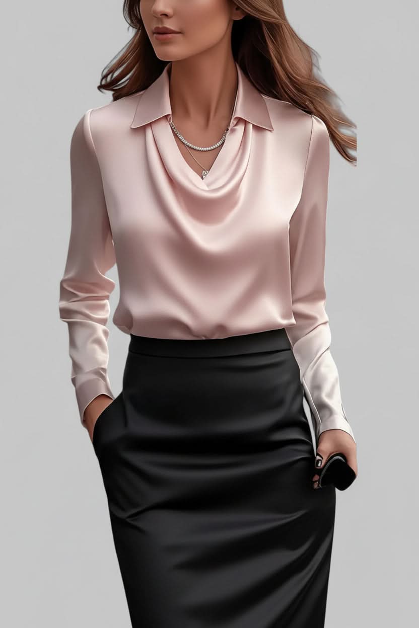 Elise – Women's Draped Long Sleeve Blouse – Fluid Fabric, Elegant Neckline