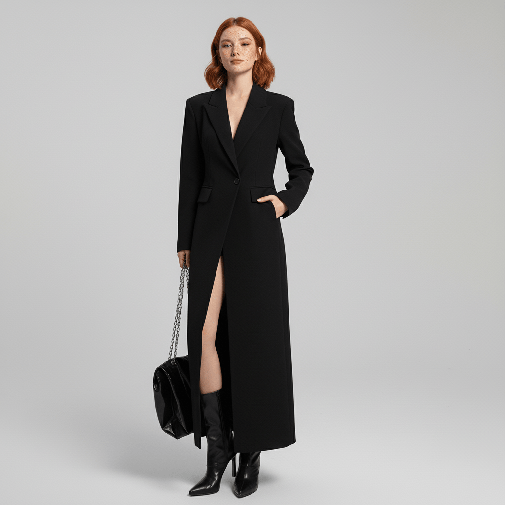 Eliza | Women's Long Tailored Coat – Single Button Mid-Calf Overcoat, Lined – Black