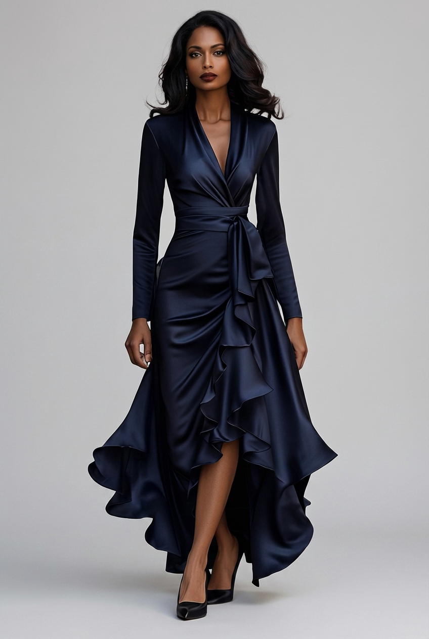 Elodie | Women's Long Sleeve Satin-Finish Wrap Dress – Tie Waist, Ruffle Hem – Navy Blue