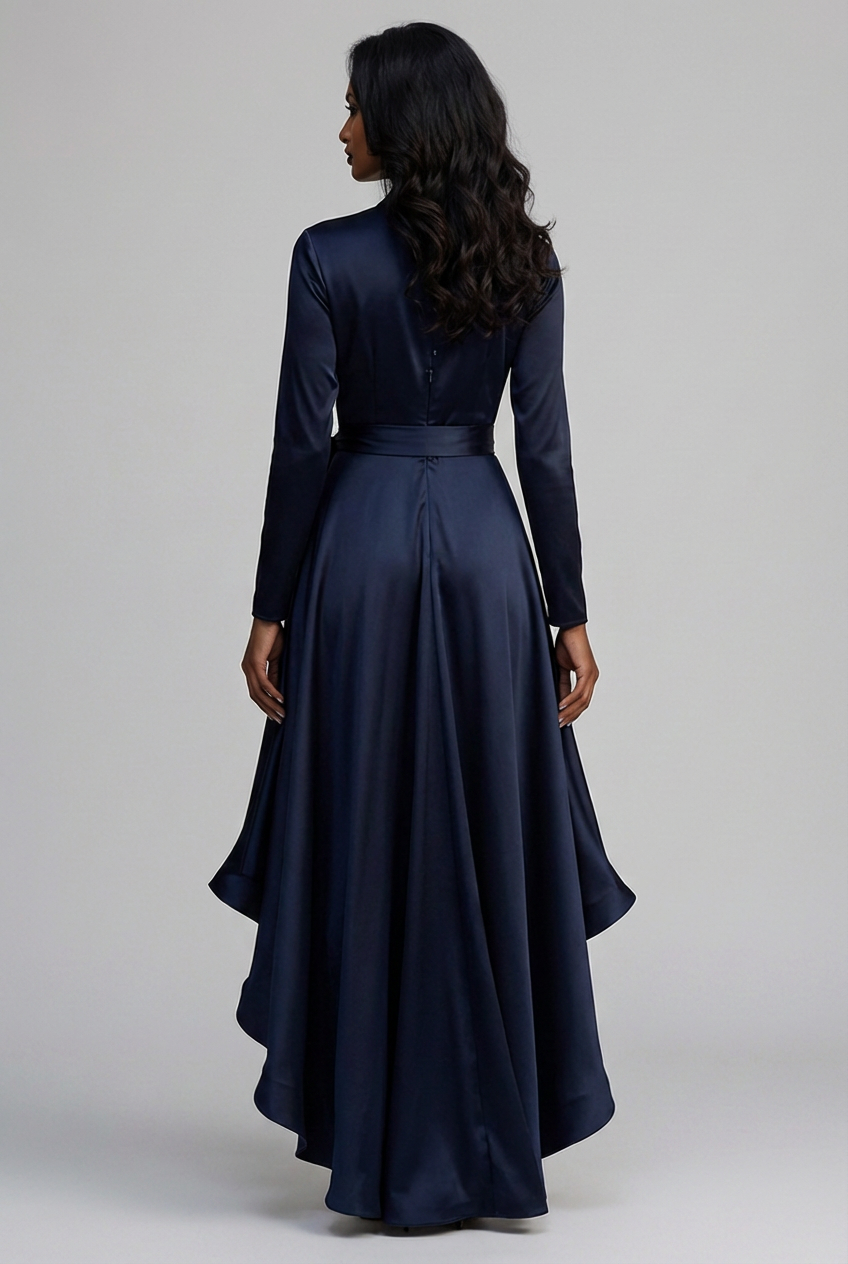 Elodie | Women's Long Sleeve Satin-Finish Wrap Dress – Tie Waist, Ruffle Hem