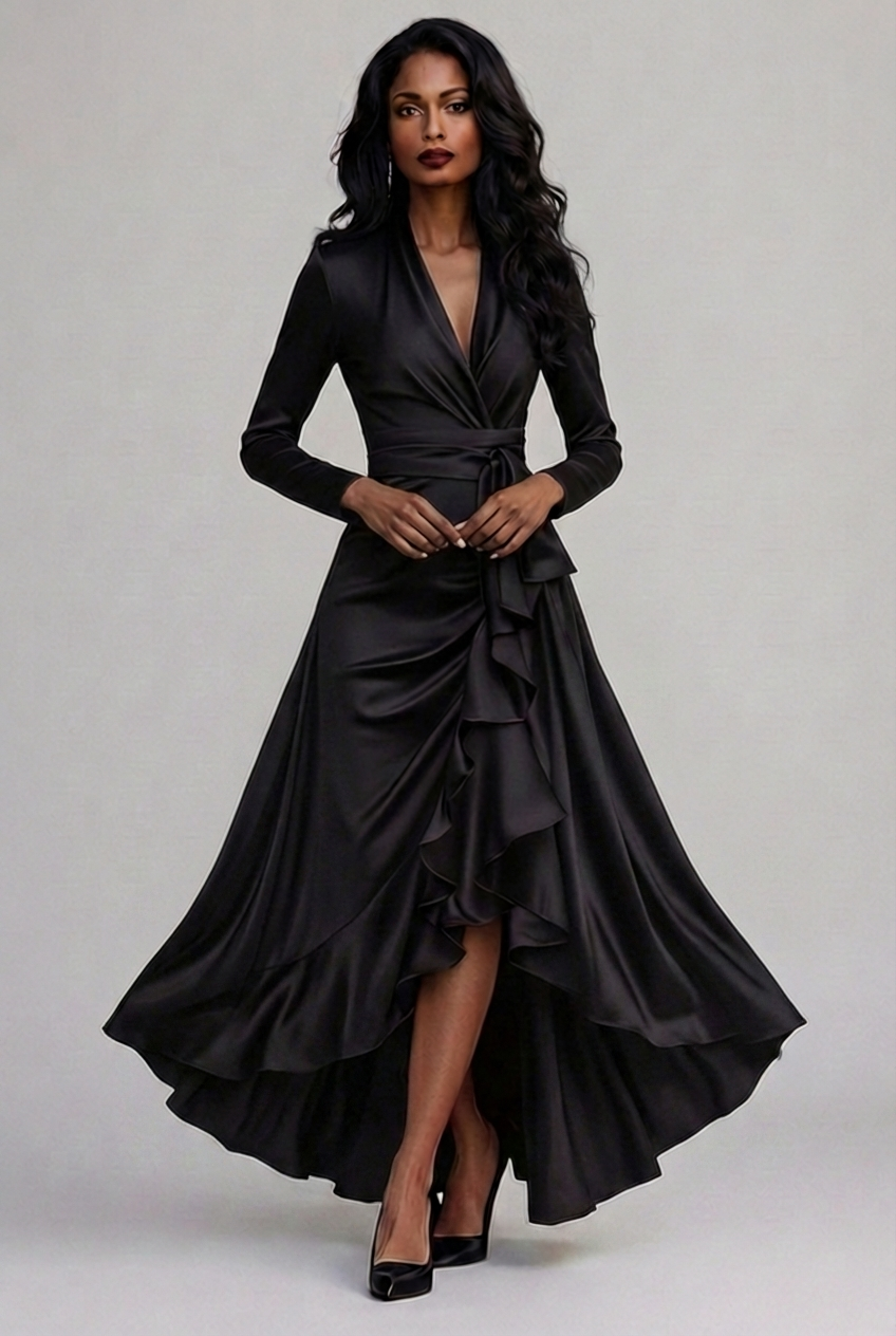 Elodie | Women's Long Sleeve Satin-Finish Wrap Dress – Tie Waist, Ruffle Hem – Black