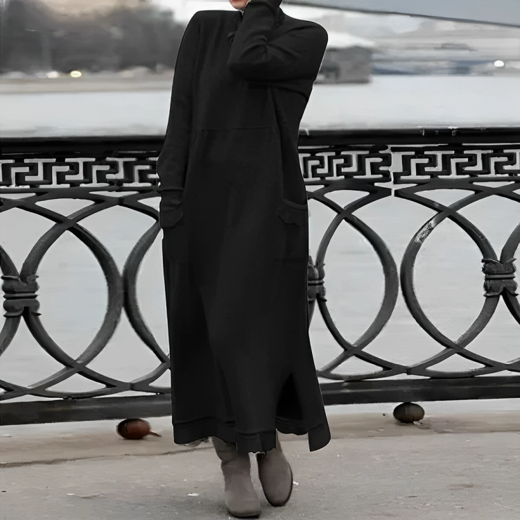 Esme | Women's Turtleneck Maxi Sweater Dress – Long Sleeves, Side Slits, Pockets – Black