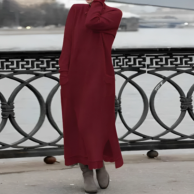 Esme | Women's Turtleneck Maxi Sweater Dress – Long Sleeves, Side Slits, Pockets – Red