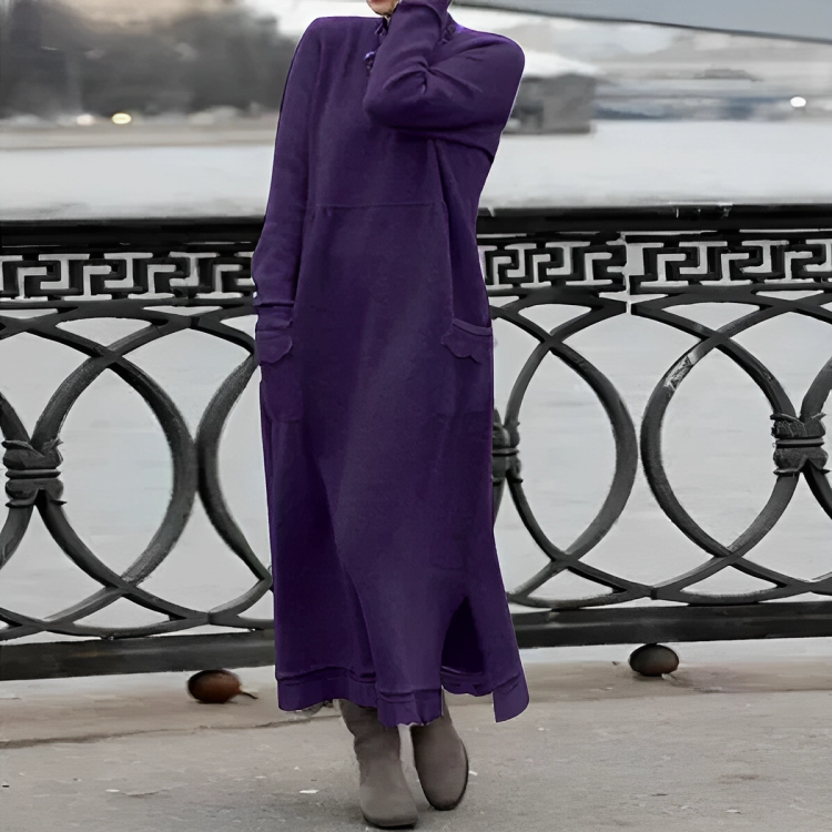 Esme | Women's Turtleneck Maxi Sweater Dress – Long Sleeves, Side Slits, Pockets – Purple