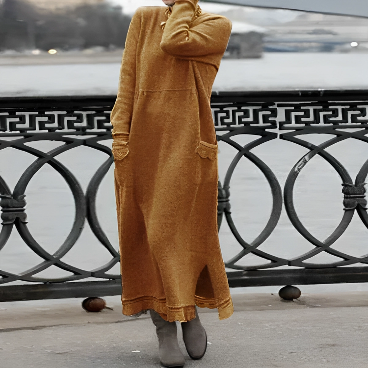 Esme | Women's Turtleneck Maxi Sweater Dress – Long Sleeves, Side Slits, Pockets – Orange
