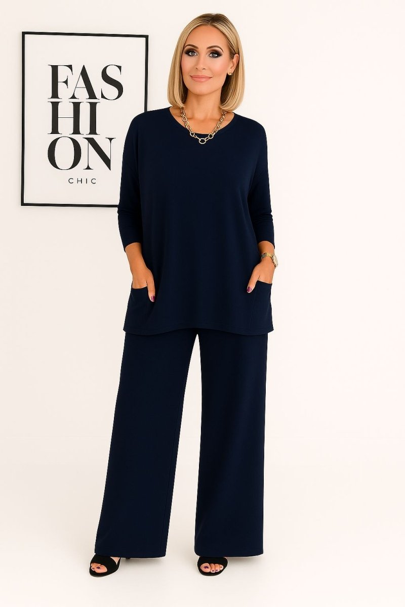 Estelle | Women's Knit Two-Piece Set – Soft Sweater and Elastic Waist Pants – Blue