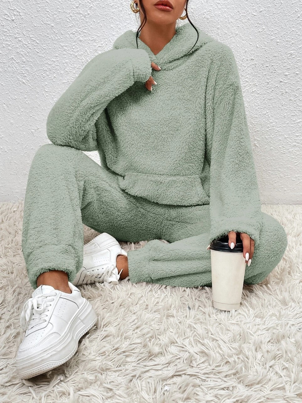 Fern | Women's Fleece Hoodie and Jogger Set – Soft Textured Lounge Set – Light Green