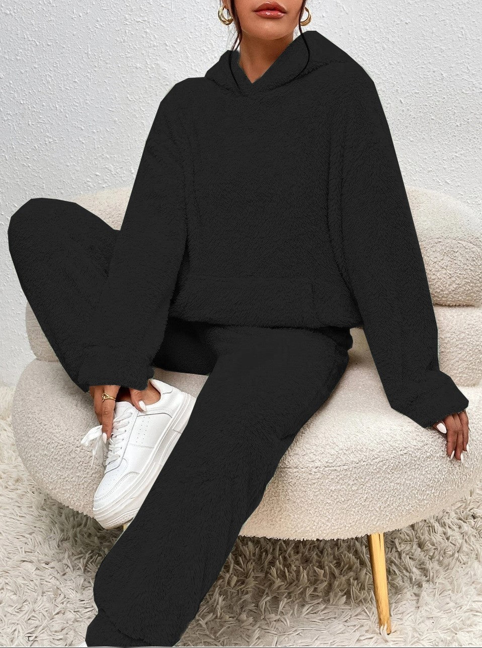 Fern | Women's Fleece Hoodie and Jogger Set – Soft Textured Lounge Set – Black