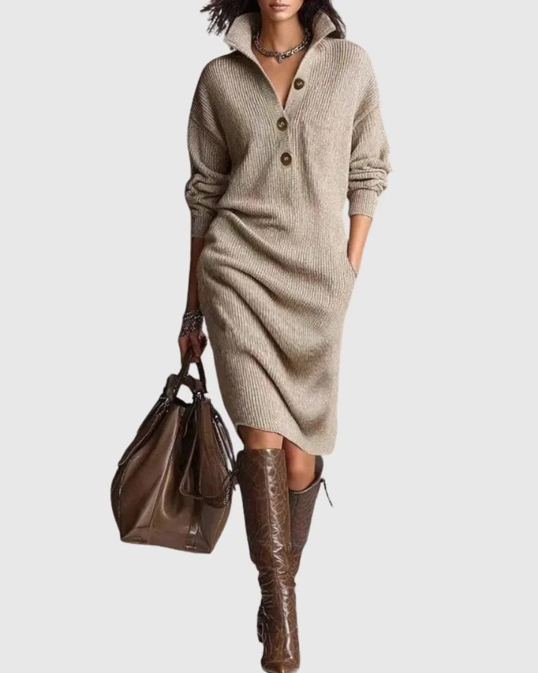 Fiona | Women's Ribbed Knit Midi Sweater Dress – Long Sleeve with Button Neckline – Khaki