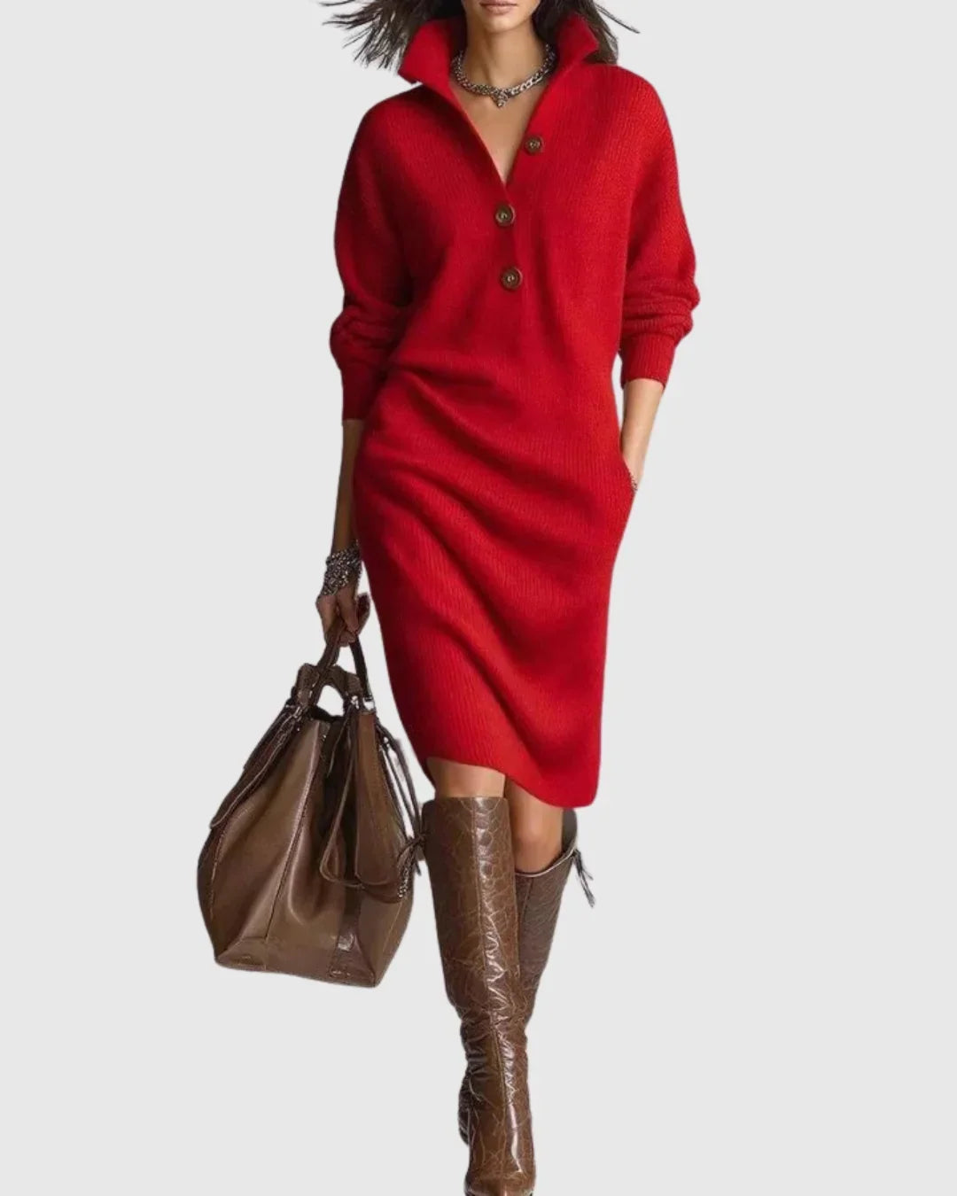 Fiona | Women's Ribbed Knit Midi Sweater Dress – Long Sleeve with Button Neckline – Red
