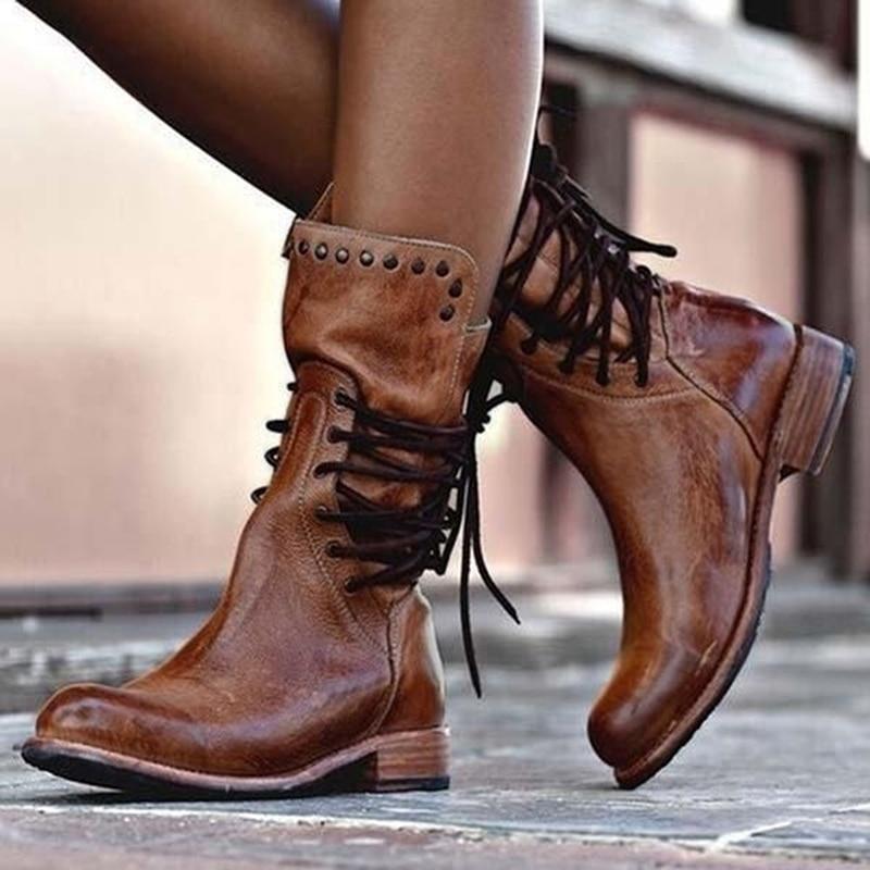 Flora | Women's Studded Ankle Boots – Low Block Heel with Side Zip – Brown