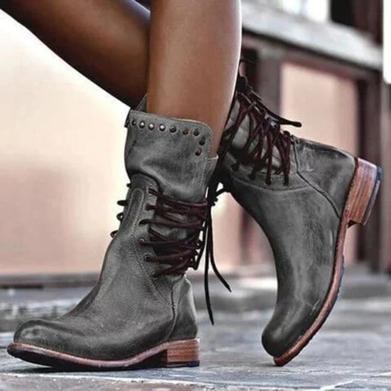 Flora | Women's Studded Ankle Boots – Low Block Heel with Side Zip – Gray