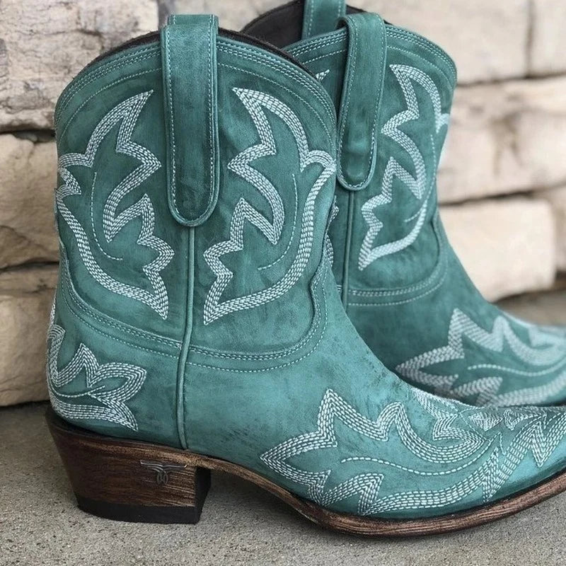 Freya | Women's Embroidered Cowboy Boots – Mid-Calf Western Boots with Low Heel – Green