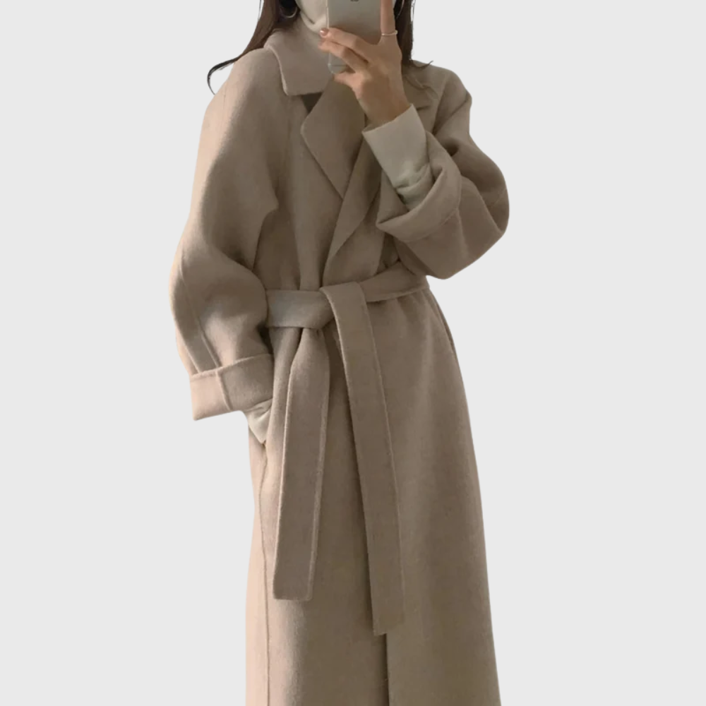 Gillian | Women's Wool-Blend Belted Wrap Coat – Wide Lapels, Longline, Relaxed Fit – Beige