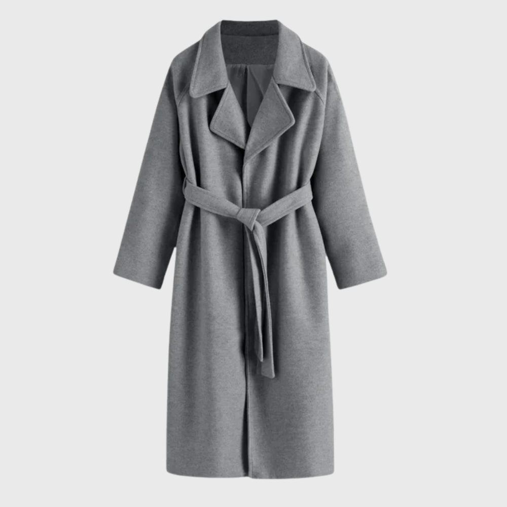 Gillian | Women's Wool-Blend Belted Wrap Coat – Wide Lapels, Longline, Relaxed Fit – Gray