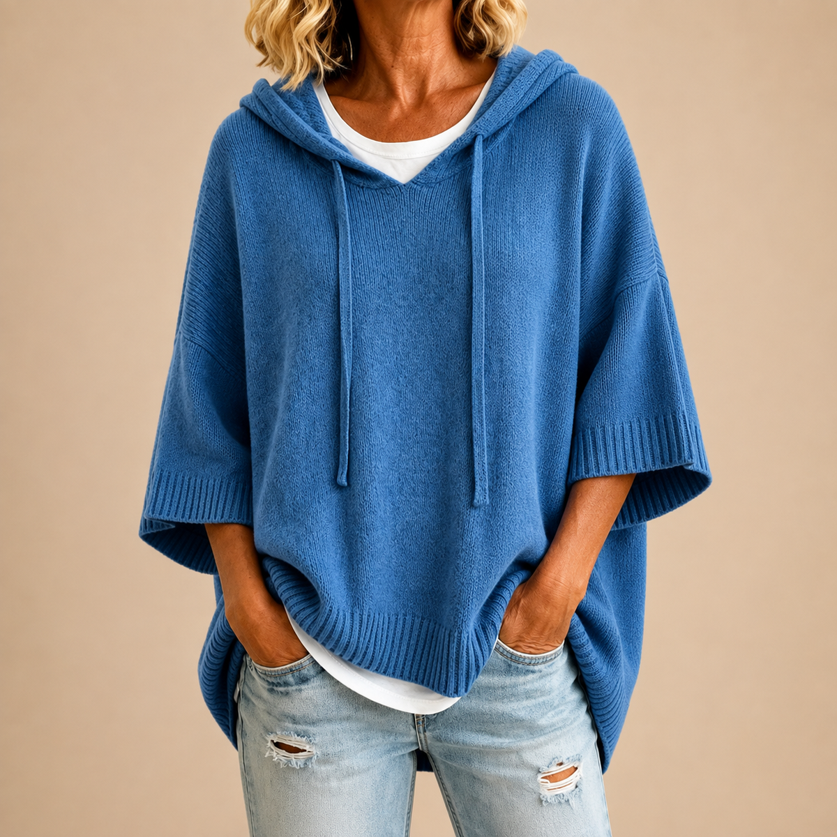 Gina | Women's Hooded Knit Poncho Sweater – Oversized Cut, Drawstring Hood, Wide Sleeves – Blue