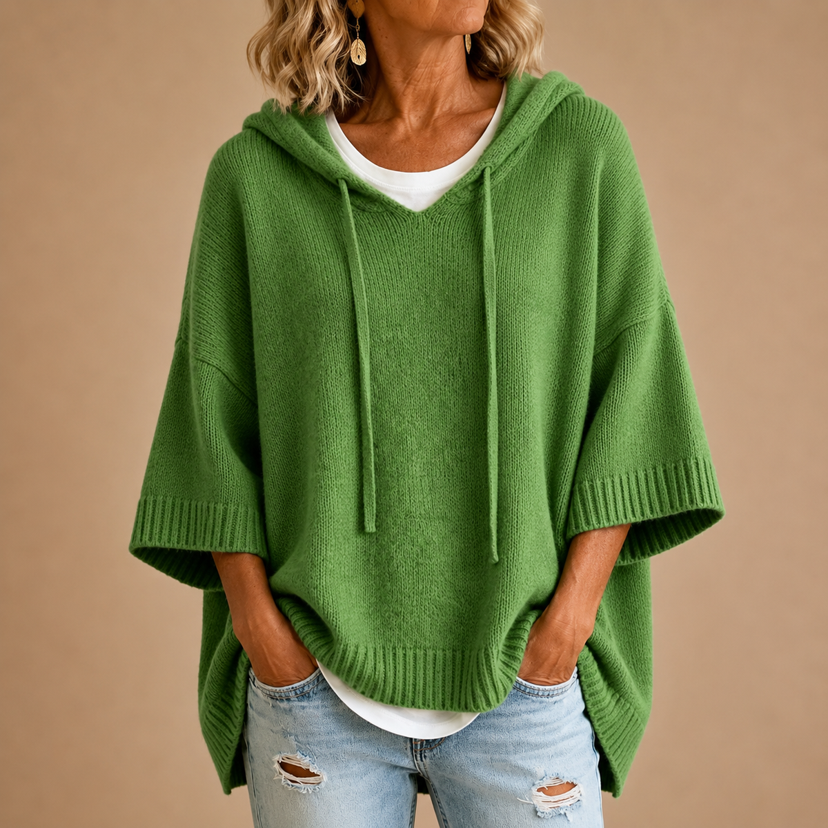 Gina | Women's Hooded Knit Poncho Sweater – Oversized Cut, Drawstring Hood, Wide Sleeves – Green