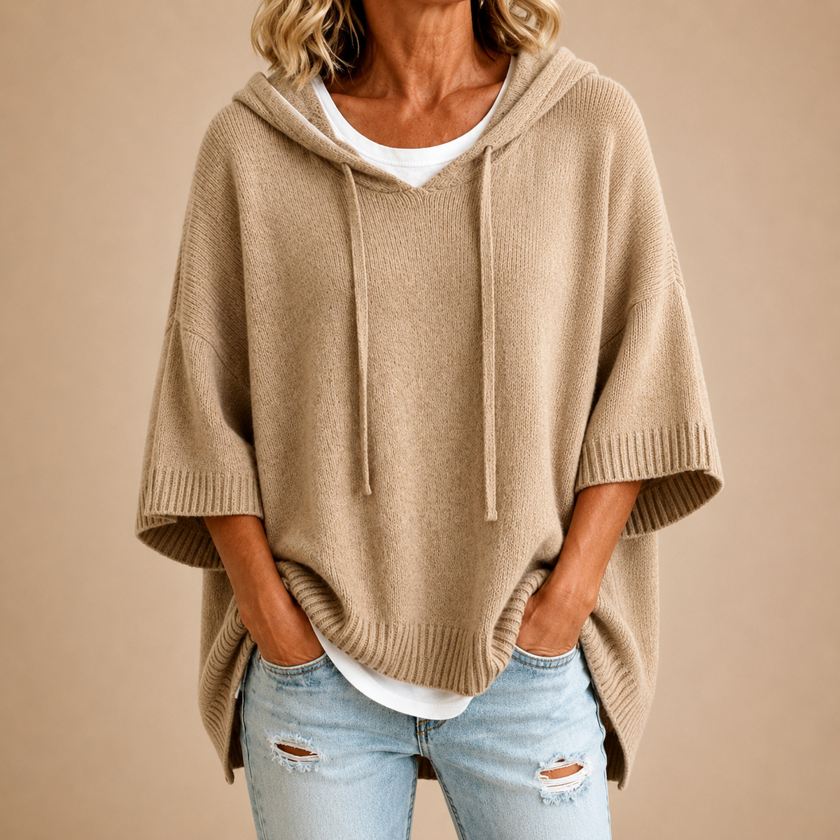 Gina | Women's Hooded Knit Poncho Sweater – Oversized Cut, Drawstring Hood, Wide Sleeves – Sand